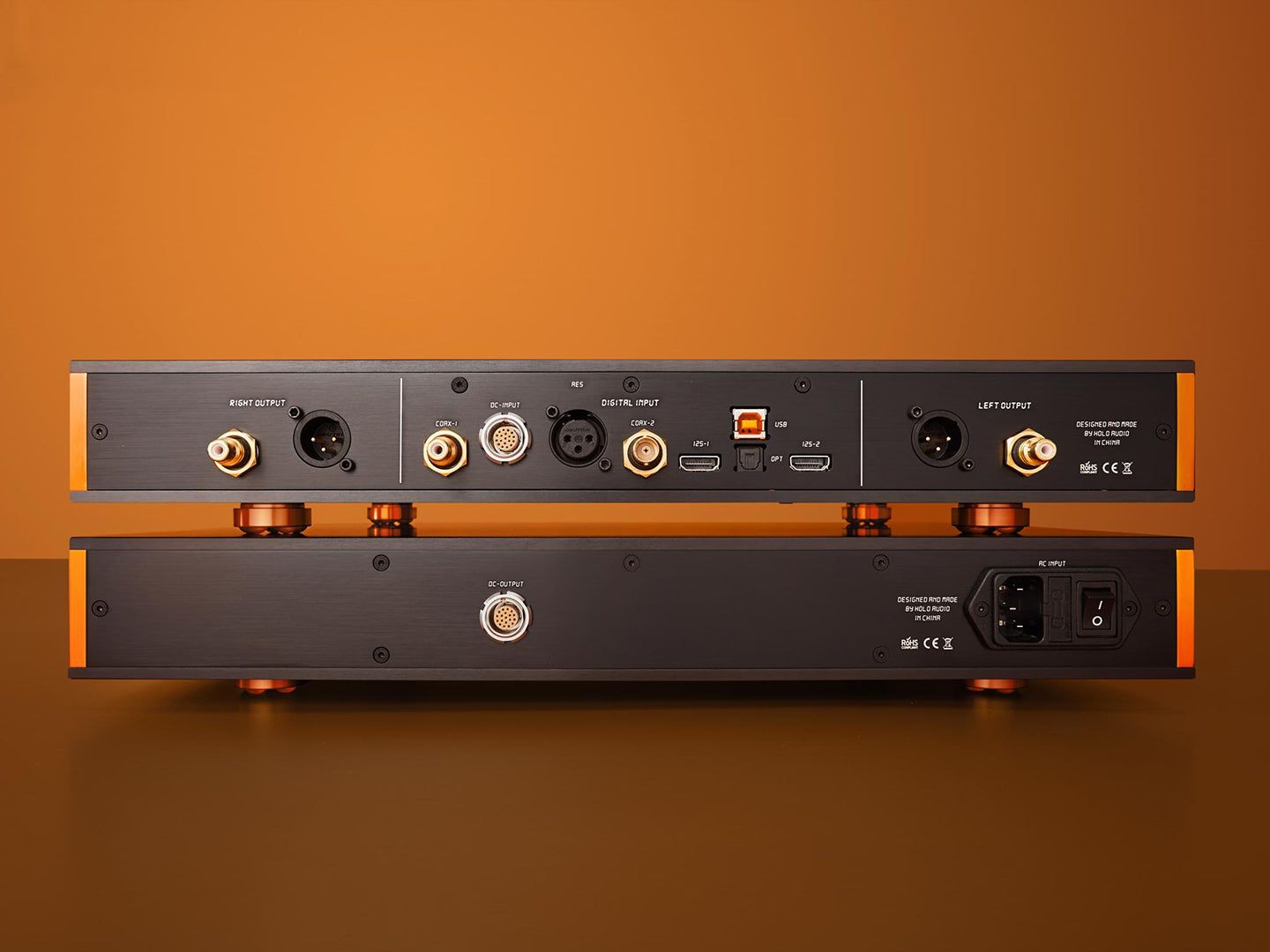 Holo Audio MAY DAC リアパネル。豊富なデジタル入力端子（USB、I2S x2、AES/EBU、Coaxial、Optical）とバランス/アンバランス出力を装備