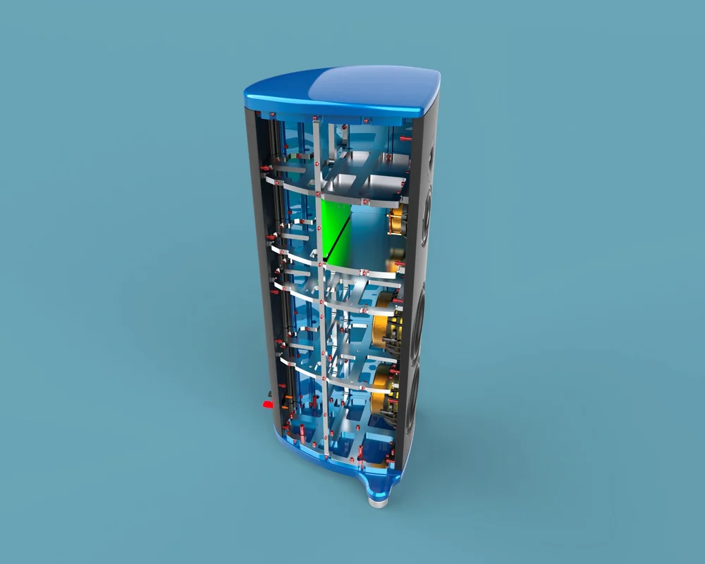 Magico S3 Mk3の内部構造。ダイヤモンドコーテッド・ベリリウムトゥイーター、グラフェン/カーボンファイバー複合コーンを持つミッドレンジとベースドライバーが配置されている