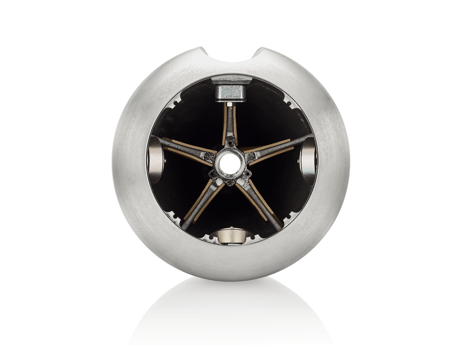 Front view of the B&W 801 D4 Turbine Head, featuring a teardrop-shaped aluminum enclosure and Continuum midrange cone